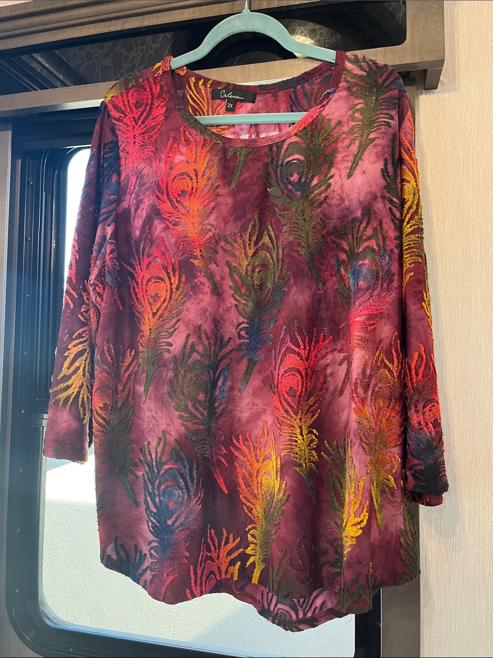 Chalet Plum Multi Feathery-Print Long Sleeve Tunic Top.